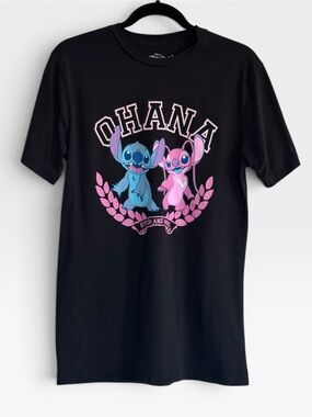 🟢3/$25 Disney Lilo & Stitch OHANA Stitch Angel Short Sleeve Black T Shirt Womens